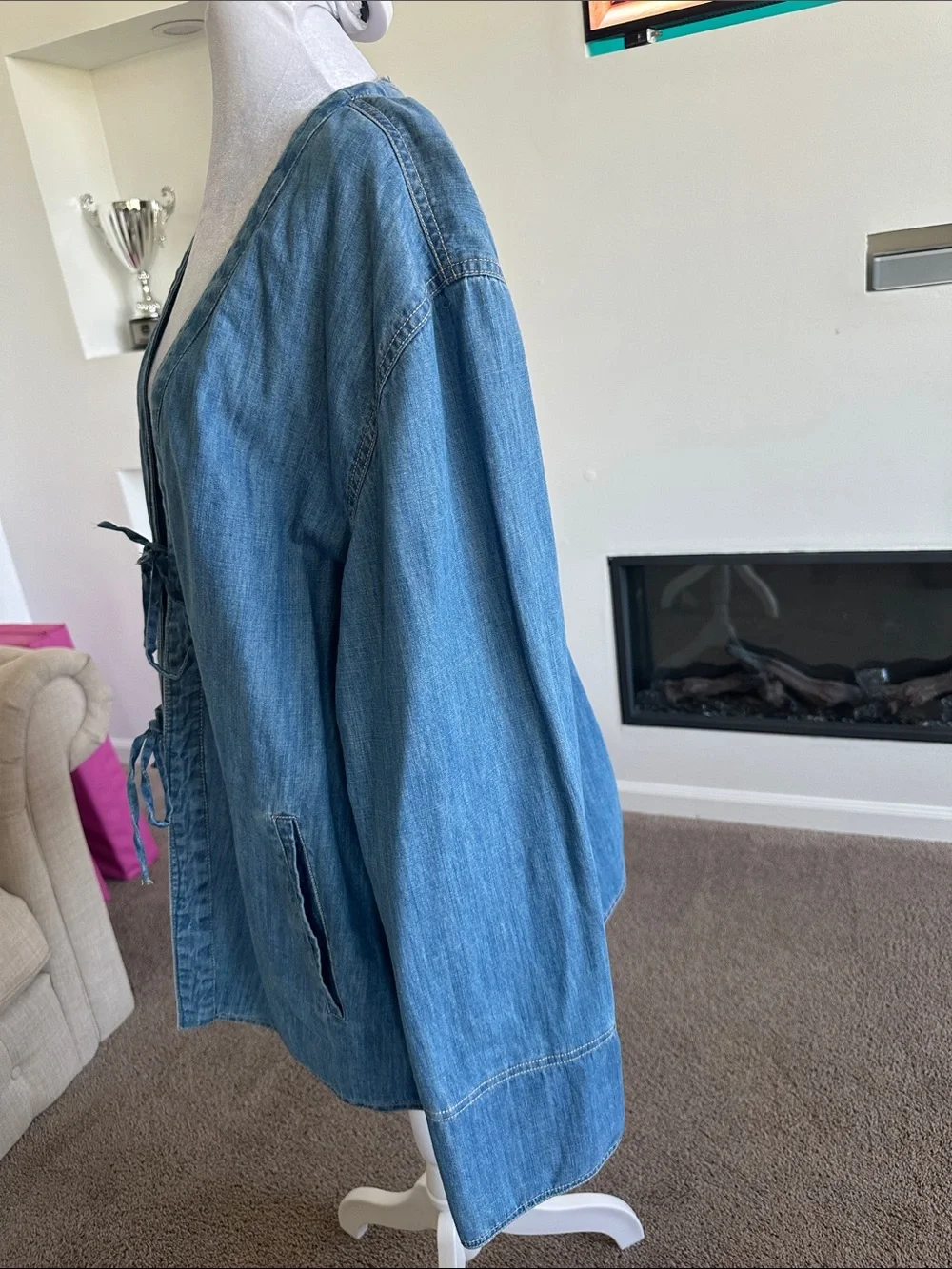 Free People Blue Tie-Front Denim Blazer